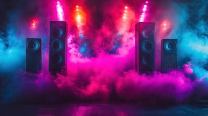 Four large speakers with vibrant pink and blue lighting and smoke.