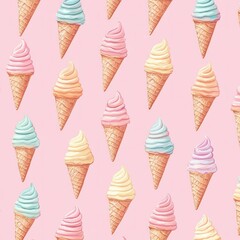 Pastel ice cream cones pattern on pink background.