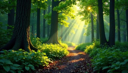 Obraz premium A single arrow points into the heart of the forest, forest path, leafy