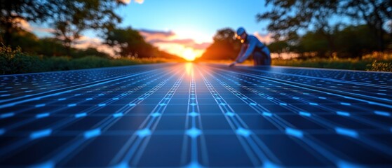 A technician inspects solar panels under a vibrant sunset, showcasing renewable energy efforts.