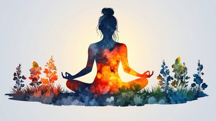 Colorful silhouette of woman meditating among vibrant flowers in nature scene. March 8, International Women's Day. Mother's Day