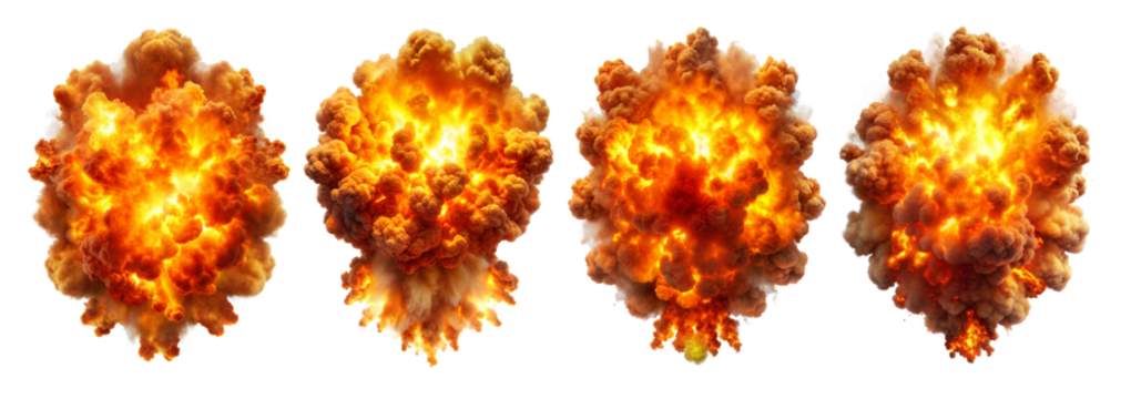 Various explosions showcasing different sizes and shapes of smoke and fire against a white background