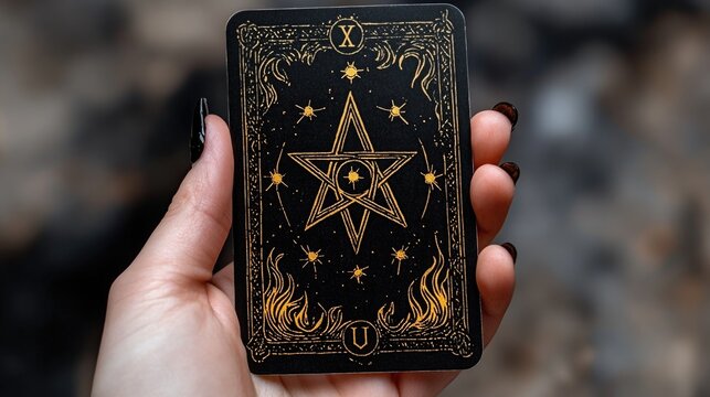 Close-up of tarot card with pentagram design held by woman. The concept of mysticism, astrology, fortune-telling, shamanism, tarot, seers, clairvoyants