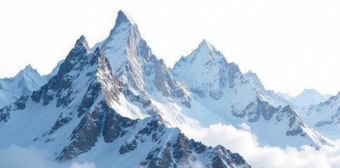 Obraz premium Towering mountain peaks meet the sky on a pristine white backdrop, serene, rugged, isolated