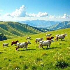 Fototapeta premium Cattle roaming freely in open fields on sloping land, hillside, fields, livestock