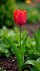 Tulip plant growing in a garden bed with lush greenery, garden, nature, greenery