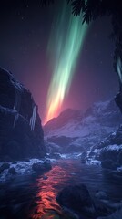 Fototapeta premium A serene landscape featuring a river, snow-capped mountains, and vibrant auroras in the night sky.