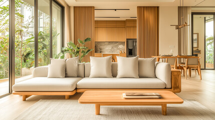 Fototapeta premium A cozy modern living room with large glass windows