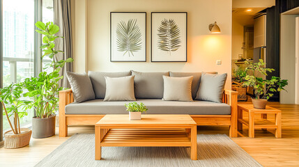 A cozy modern living room with large glass windows