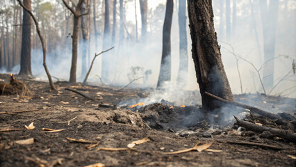 Obraz premium Burnt forest landscape with smoke, charred trees, and ash on ground