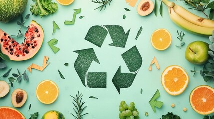 Green Recycling Symbol Surrounded By Fresh Fruits And Vegetables