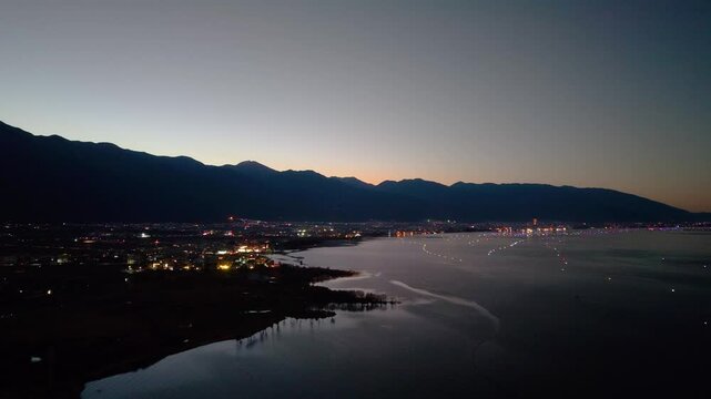 Aerial photo of night view of Erh sea in Cangshan Mountain, Dali, Yunnan Province