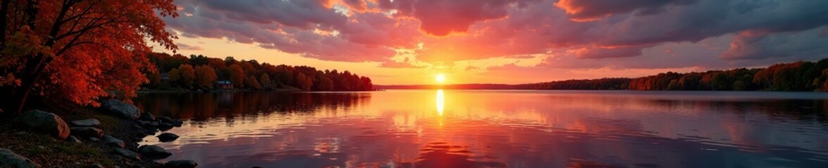 Naklejka premium Desolate lake shore at sunset amidst autumnal foliage, northern minnesota, nature, autumn foliage