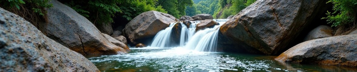 Fototapeta premium Water cascades down rocky terrain in an isolated clearing, nature, waterfall, landforms