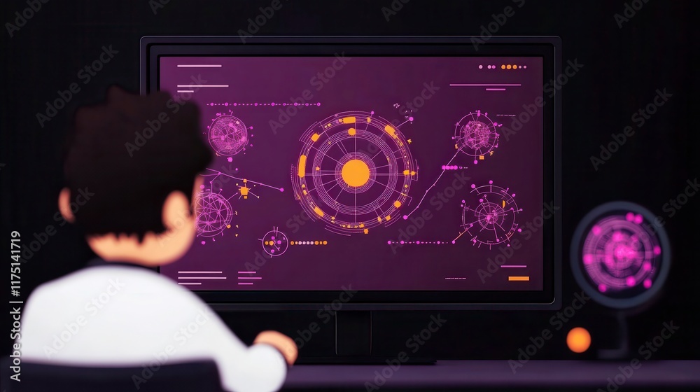 Poster person viewing complex data visualizations on a large computer monitor futuristic interface network