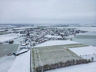 Voellinghausen Kreis Soest city Airplane view while snowing in deep winter. snow landscape in 59597