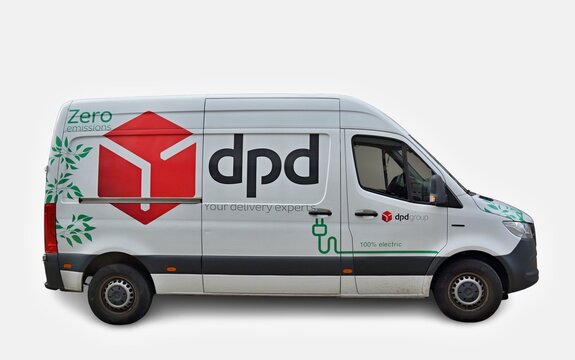 Modern dpd electric Mercedes Sprinter delivery truck