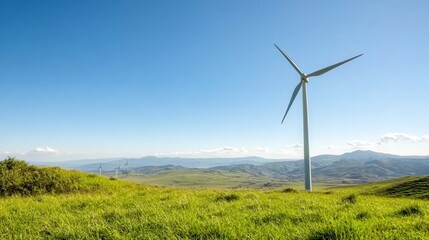 Scenic Wind Turbine Farm on Rolling Green Hills under a Clear Blue Sky