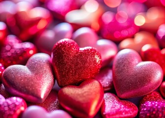 Fototapeta premium Romantic Valentine's Day Macro Background: Close-up of Red and Pink Hearts