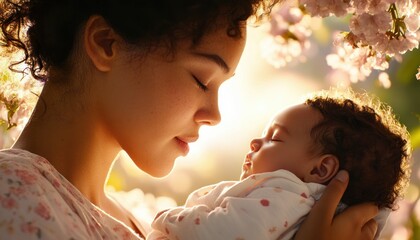 Explore the essence of Parenting, Childcare, Nurturing with this tender image of a parent singing a lullaby Witness the gentle bond and soft serenity of a softly lit setting Discover the beauty of
