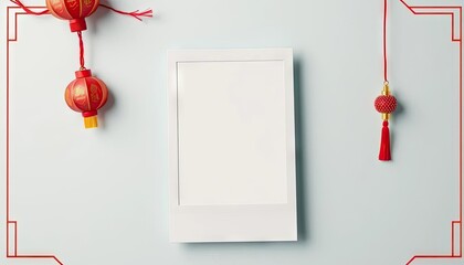 Empty frame with Chinese lanterns,  flat lay, light blue background.  Possible use stock photo
