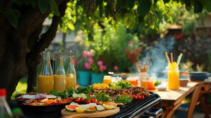 backyard barbecue setup with sizzling grills, colorful salads, and lemonade pitchers under a shady tree