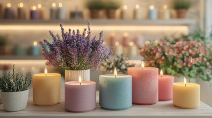 Colorful candles and flowers in cozy shop setting