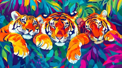 Fototapeta premium Colorful illustration of three tigers resting among vibrant foliage.