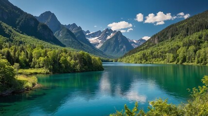 Fototapeta premium Serene Mountain Lake: A Vibrant Landscape Painting