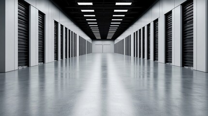 Modern Storage Facility Interior with Long Aisle and Neat Storage Units