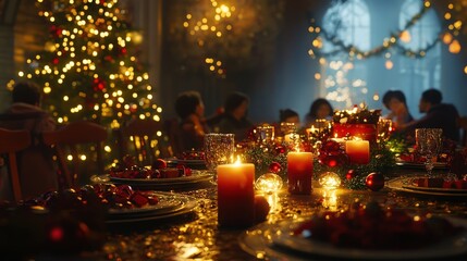 beautiful Christmas Eve dinner, with the table adorned in festive colors, sparkling candles, and holiday music playing softly in the background as family gathers together