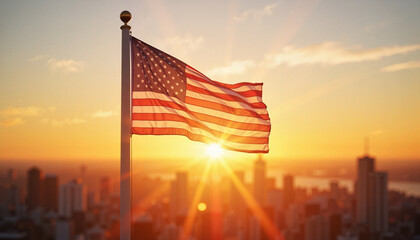 American flag waving at sunset over city skyline