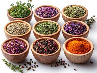 Vibrant Spices and Herbs in Wooden Bowls on White Background