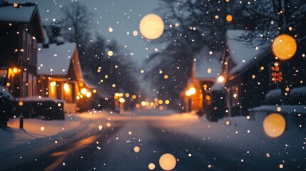 Fototapeta premium beautiful snowy village scene at night, with warm lights glowing from homes and snow gently falling
