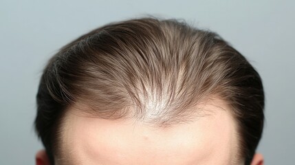 A close-up view of a person's head with dark hair and a receding hairline, set against a gray background.