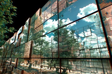 Contemporary high rise office building with glass facade reflecting clouds and sunlight in city