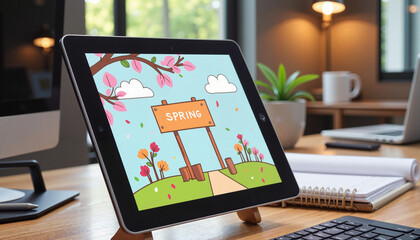 Spring-themed digital illustration on tablet in modern office, seasonal promotion