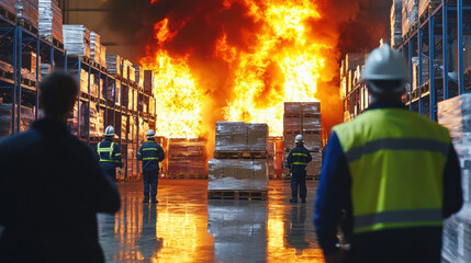 Warehouse fire drill with safety staff in action