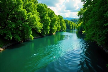 Lush greenery surrounds the banks of a slow-moving turquoise river, calming environment, tree-lined river