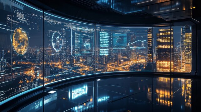Futuristic control room with holographic interfaces overlooking a vibrant city illuminated at night