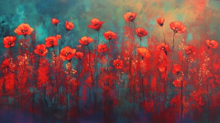 Vibrant Red Poppies Against Blue and Teal Abstract Background
