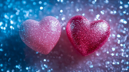 Fototapeta premium Two 3d hearts on shiny blue background. Composition with copy space, perfect for Valentine's Day greeting cards, love, wedding or romantic cards.