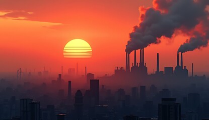 A skyline at sunset with a large sun dipping below the horizon, casting a warm orange glow. Silhouettes of industrial buildings and smokestacks emit thick plumes of smoke into the air.