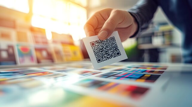 Close-up of a hand holding a QR code printed on a small card above colorful design samples. - Powered by Adobe