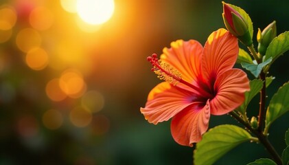 Obraz premium Morning sun casting warm glow on orange hibiscus blooms, bloom, flowers