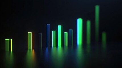 Blue and green bar chart with columns of varying heights, glowing on a dark background with subtle digital data textures and icons
