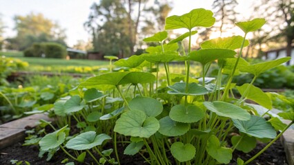 Obraz premium Centella Asiatica thriving in a garden setting, showcasing its lush green leaves . Leaves in the garden