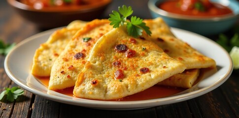 Quesadillas sosteniendo un cuadro de Oaxaca Blanco, plato, salsa