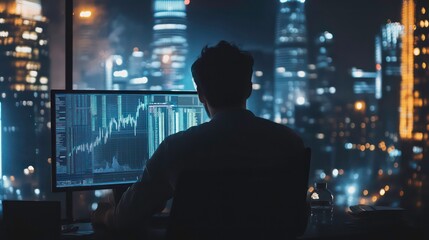 Man working late at night in front of computer screen showing stock market data, overlooking a vibrant city skyline.