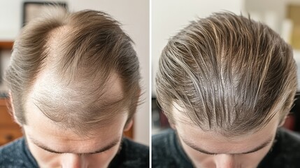 Fototapeta premium Before and after comparison of a man's hair, showcasing the effectiveness of a hair restoration treatment.